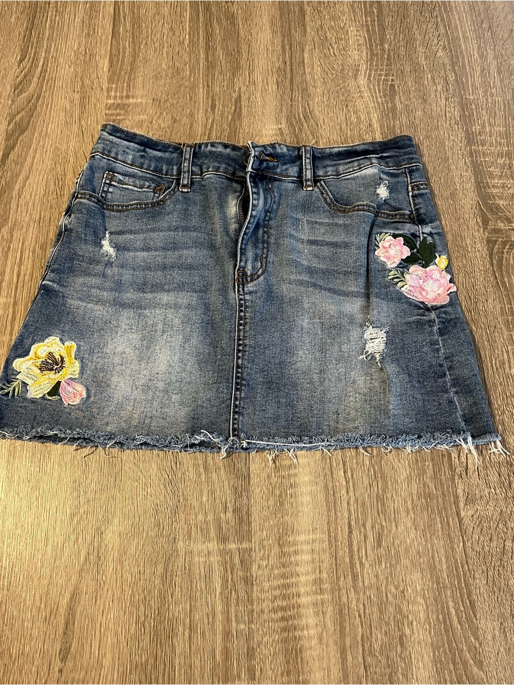 Angel Kiss Distressed Denim Mini Skirt with Floral Patches - Blue